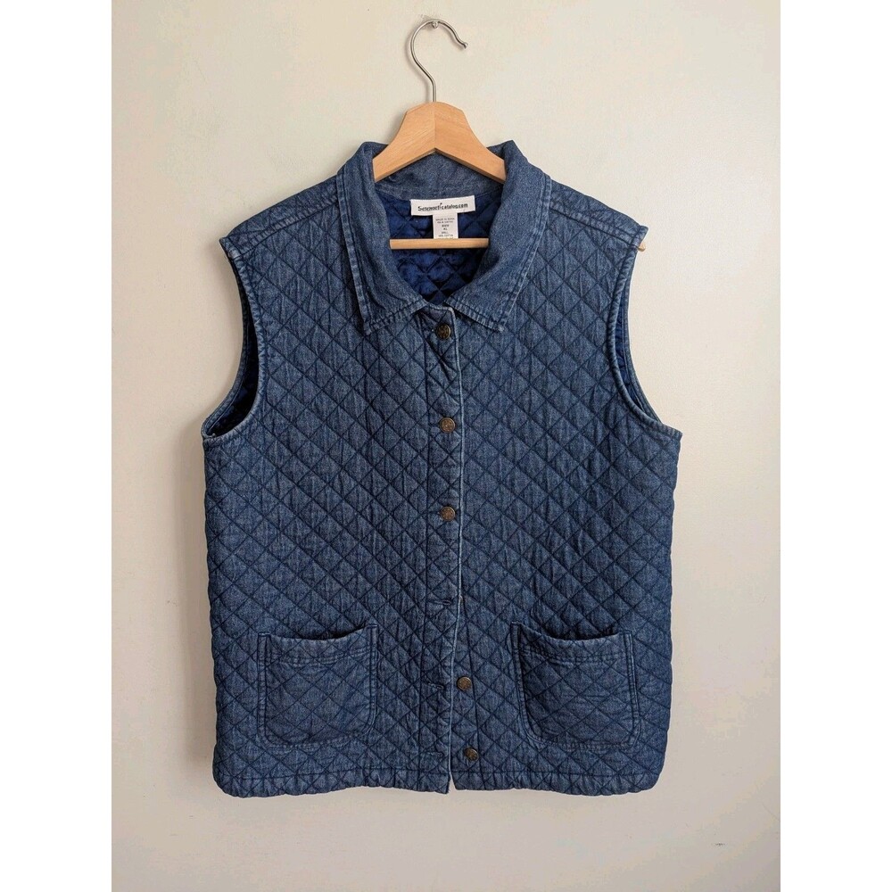 Y2K Quilted Denim Vest Womens XL Blue Button Up Cottagecore Cabin Fall Lined